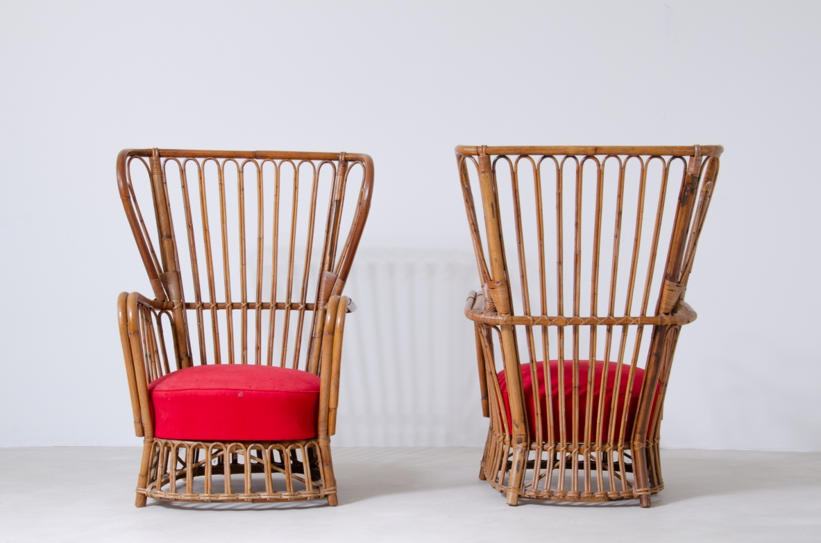 Pair of rattan armchairs with original padded and upholstered seat.  Italian manufacture, 1950s.