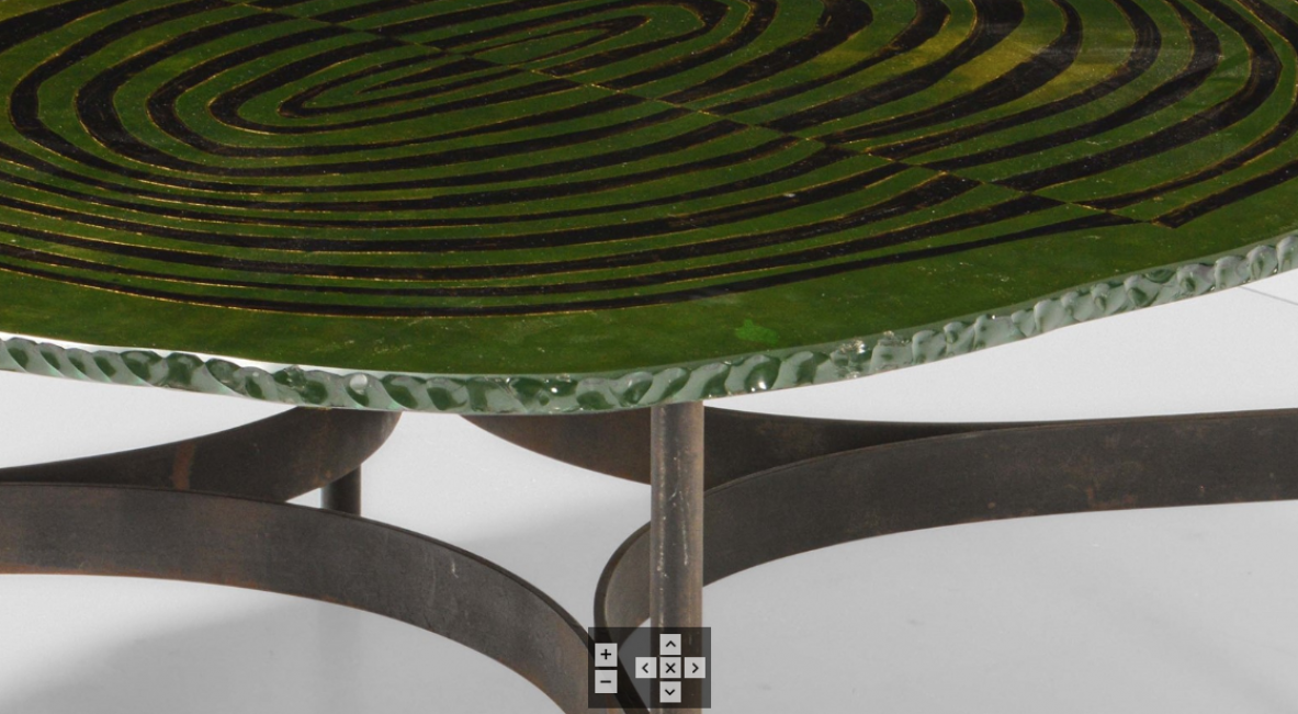 Duilio Barnabè known as Dubè (1914-1961)  Coffee table with metal and brass structure with thick glass top curved and ground along the edges and back painted in enamel. Fontana Arte 1950s
