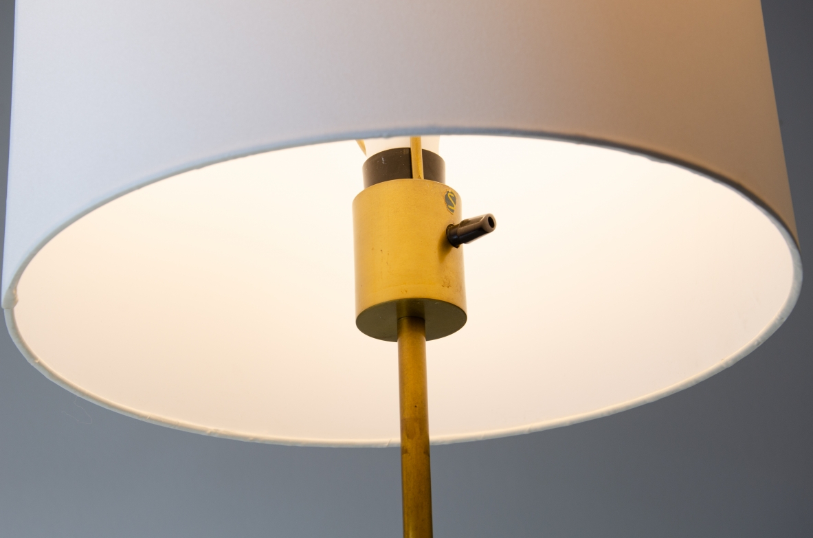 Pair of rare raw brass table lamps with fabric shade.  Falkenberg Manufactory, Sweden, 1950s.