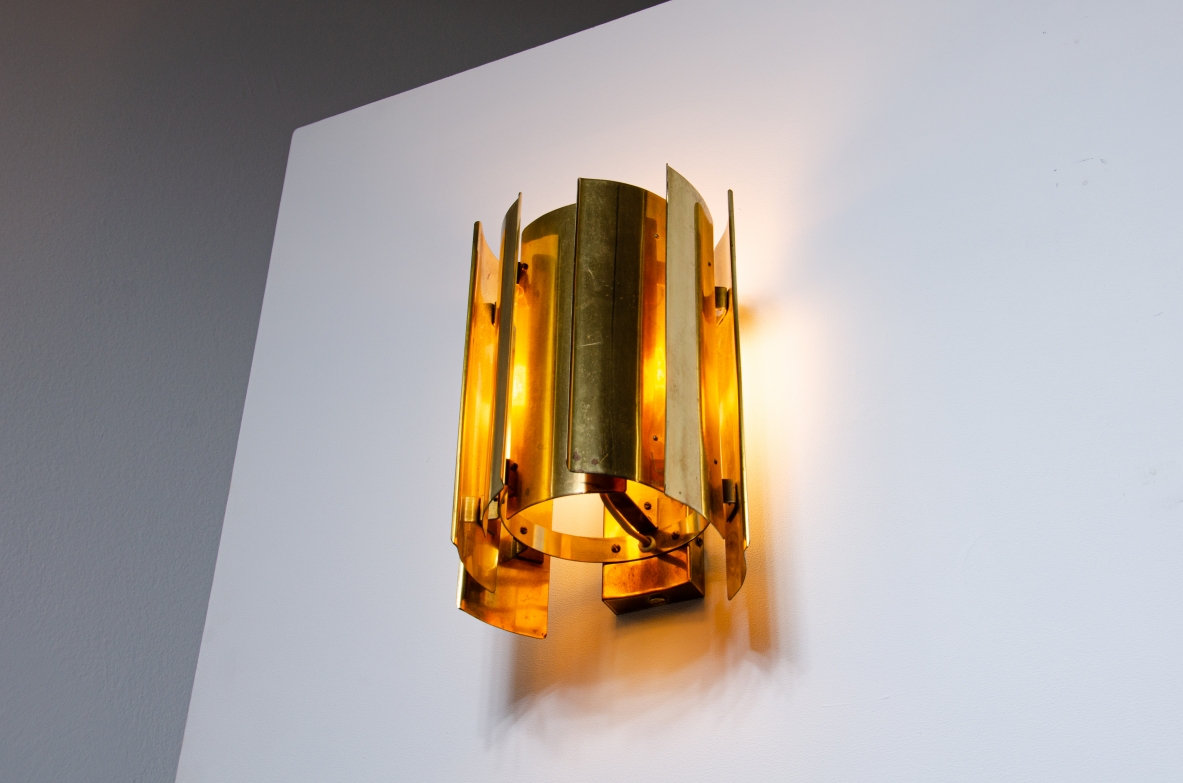 Pair of Scandinavian wall lights in curved brass.  Prod. Falknbergs, Sweden 1960's.