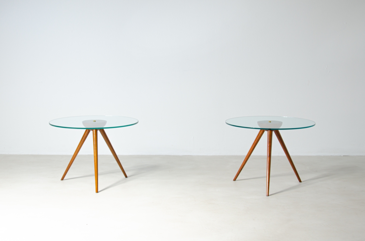 Pair of coffee tables in cherry wood with thick glass top.  Italian manufacture, 1950's.
