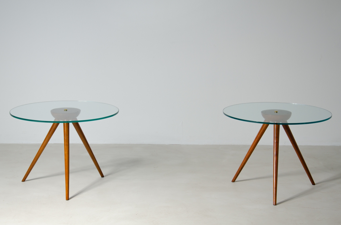 Pair of coffee tables in cherry wood with thick glass top.  Italian manufacture, 1950's.