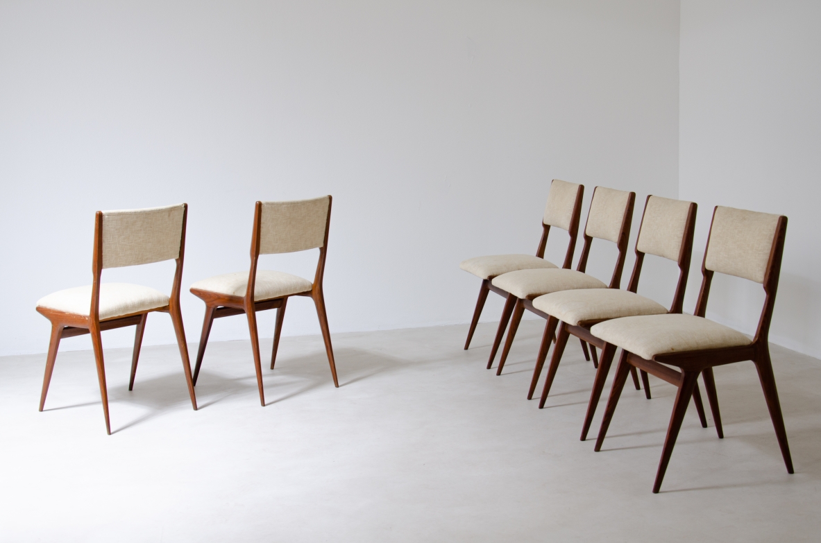 Carlo de Carli (1910 - 1999)  Set of six Model 158 chairs with upholstered seat and back.  Produced by Cassina, 1953-1954