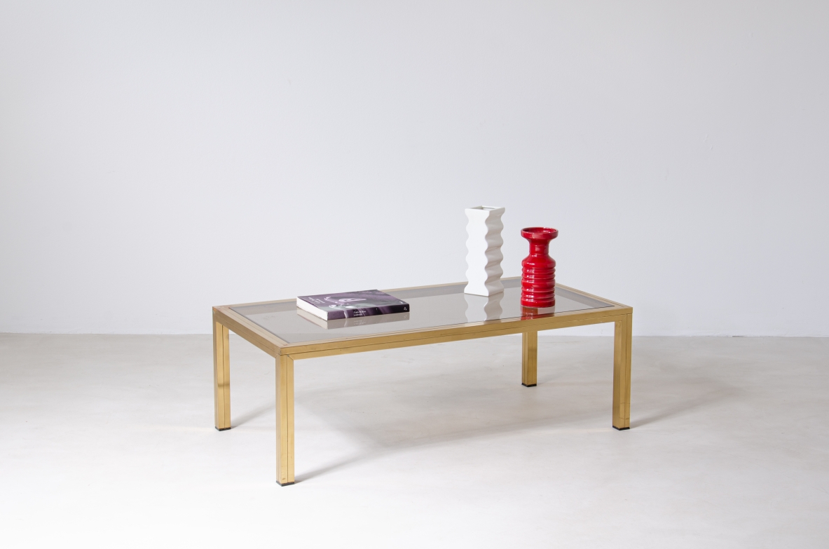 Romeo Rega (1925-1984)  Large Coffee Table in brass with burnished glass top.   Manufacture Rega & Co, Rome, 1970s.