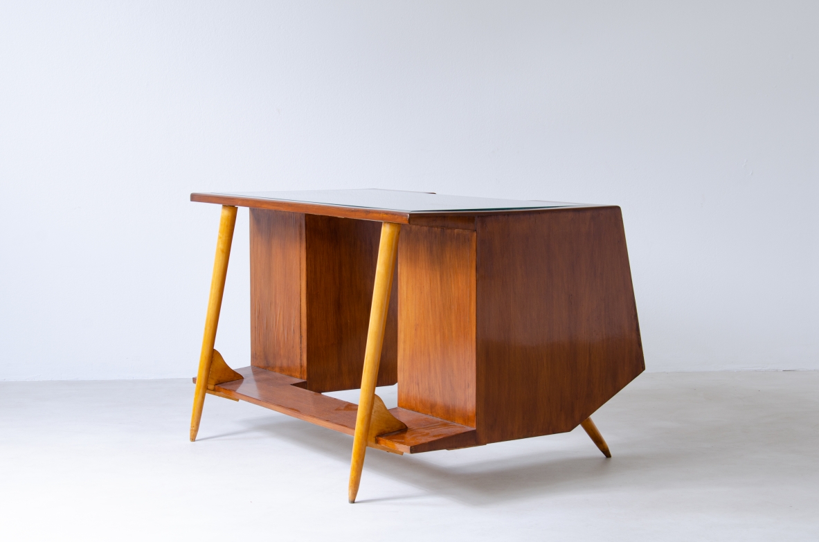 Luigi Olivieri. Rare modernist desk in walnut and blond maple with ground glass top. 1950's Italian manufacture