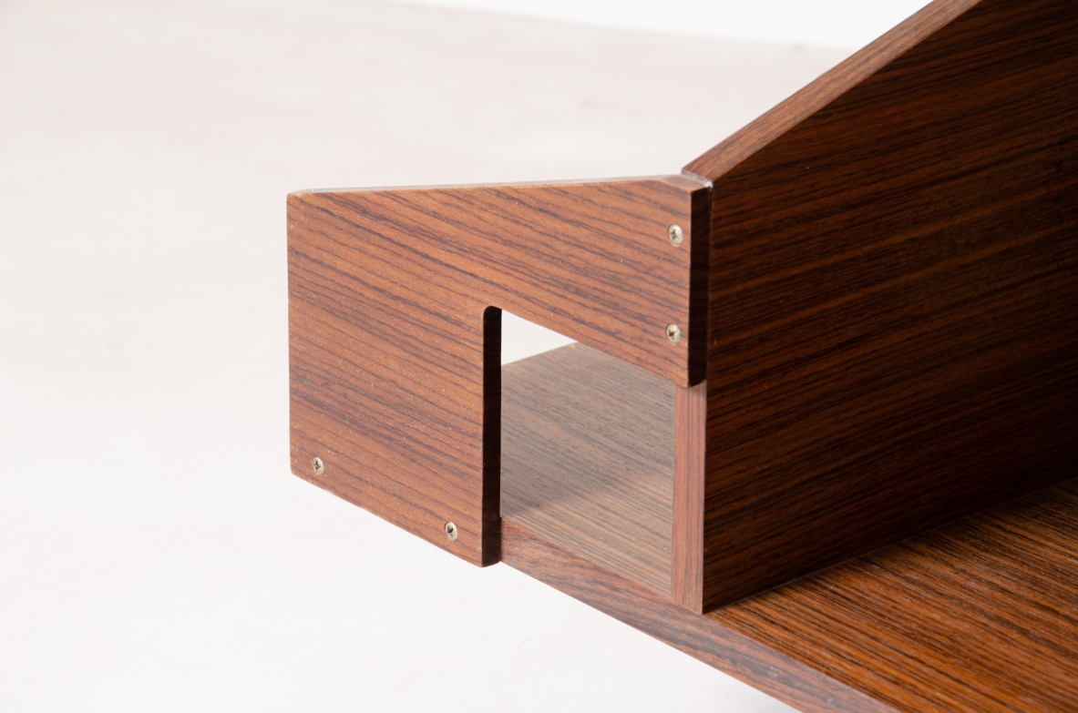 Ico Parisi (1916-1996)  Low table in walnut with swivel shaped structure and swivel glass top with steel and wood handle.1958