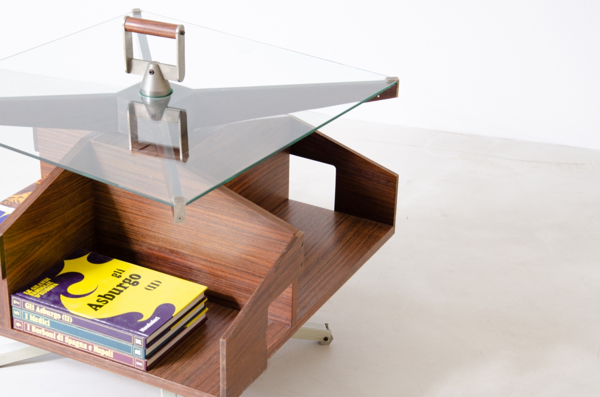 Ico Parisi (1916-1996)  Low table in walnut with swivel shaped structure and swivel glass top with steel and wood handle.1958