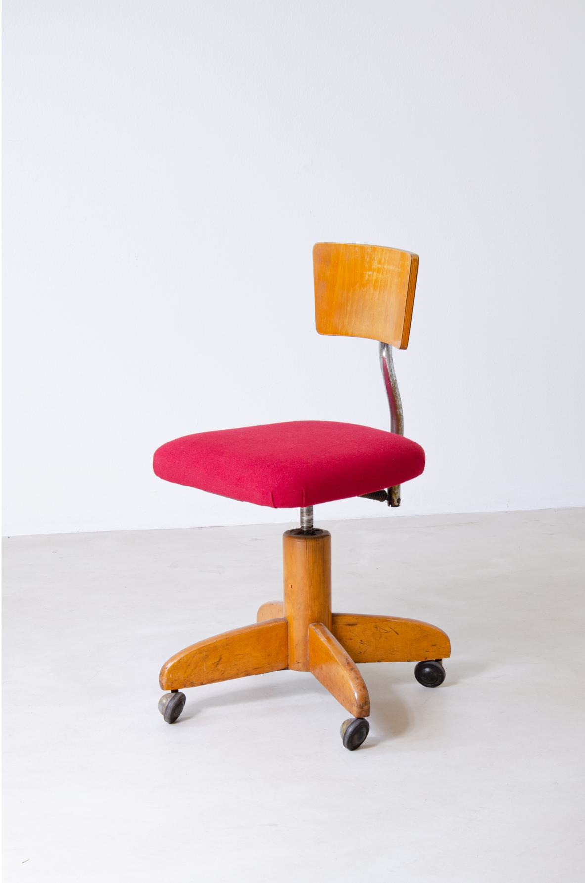 Desk chair with metal and wood structure, upholstered seat.  Italian manufacture, 1940s.