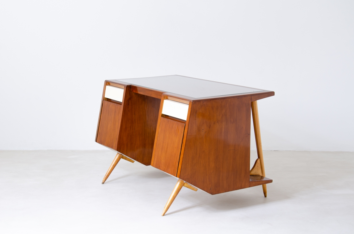Luigi Olivieri. Rare modernist desk in walnut and blond maple with ground glass top. 1950's Italian manufacture
