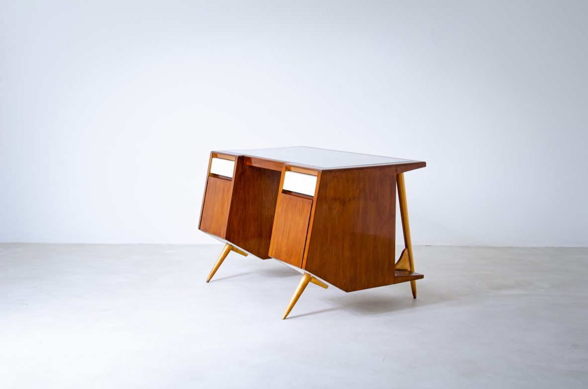 Luigi Olivieri. Rare modernist desk in walnut and blond maple with ground glass top. 1950's Italian manufacture