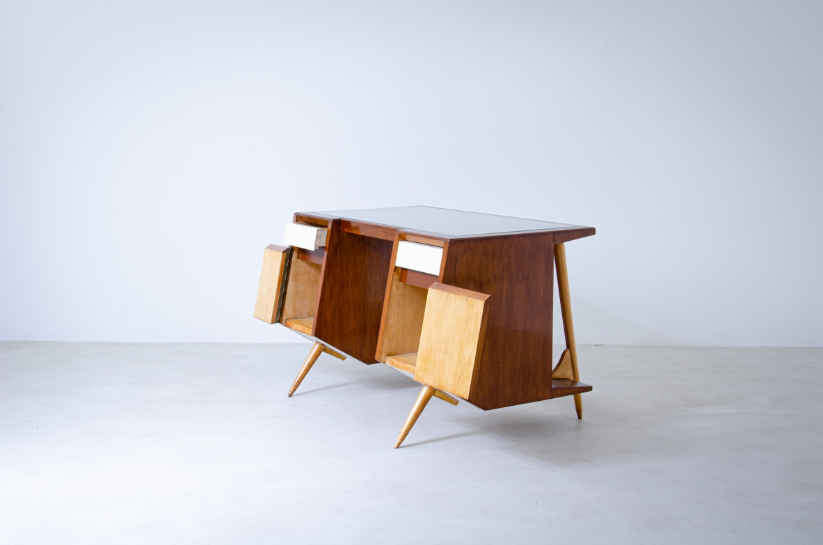 Luigi Olivieri. Rare modernist desk in walnut and blond maple with ground glass top. 1950's Italian manufacture