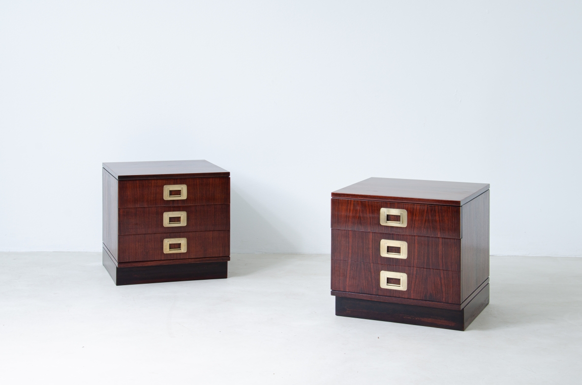 Ico Parisi, pair of Parisi 1 series bedside tables in rosewood. Spartaco Brugnoli manufacture, 1960's.