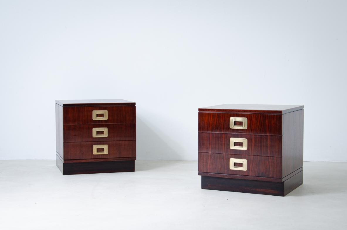 Ico Parisi, pair of Parisi 1 series bedside tables in rosewood. Spartaco Brugnoli manufacture, 1960's.