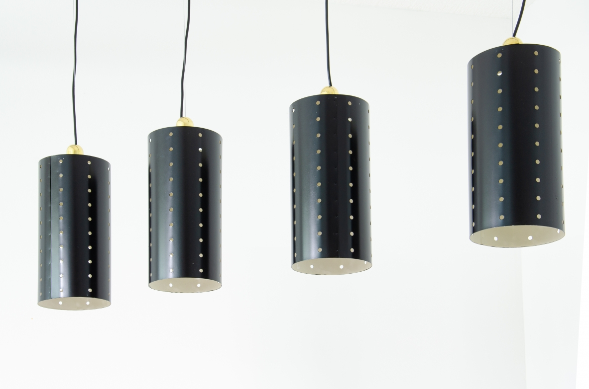 Set of four ceiling lamps with painted metal shade and brass cup.  1960's Italian manufacture.