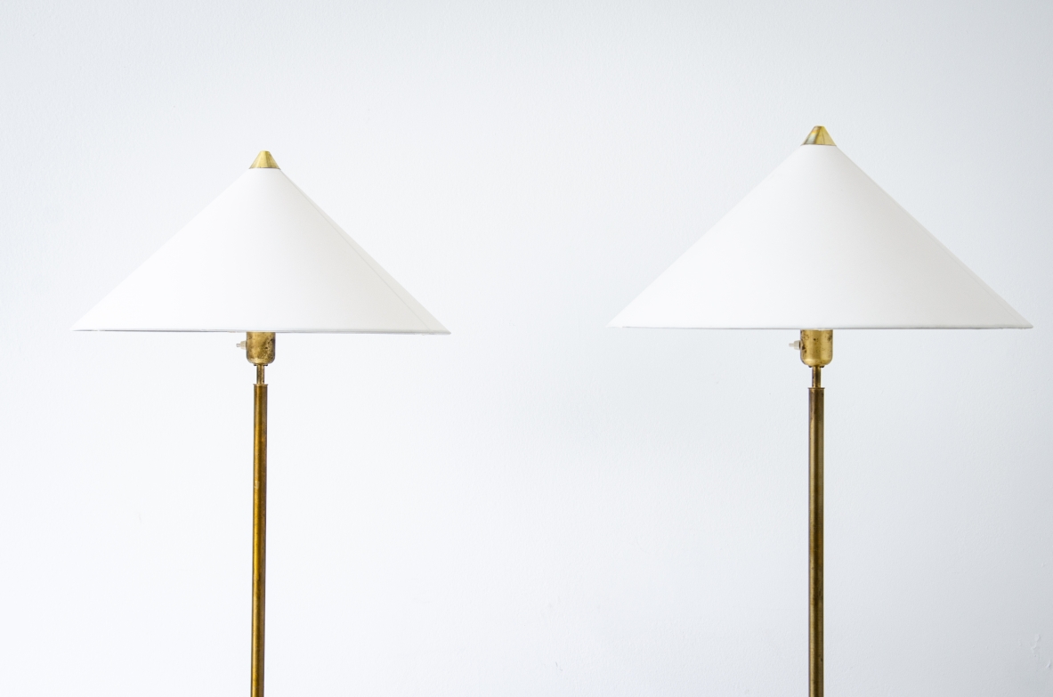Pair of Swedish floor lamps in brass and fabric lampshade.  Produced by ASEA.  Sweden, 1940s