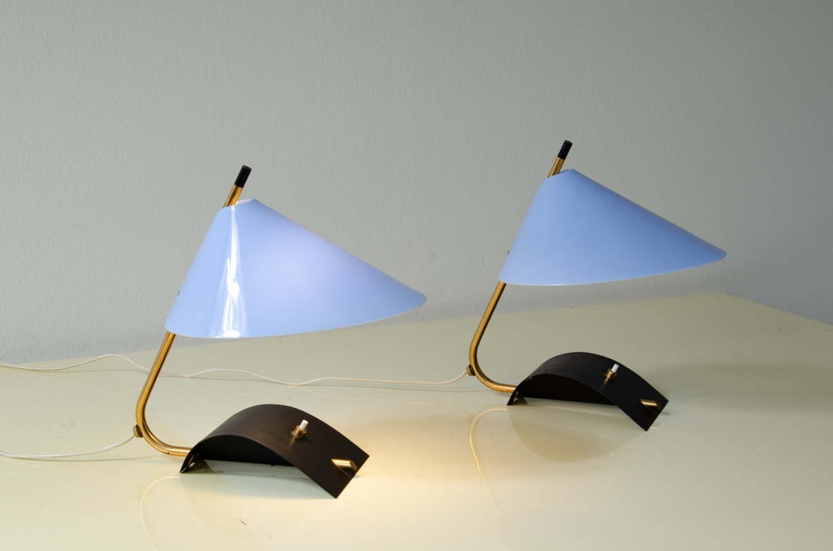 Pair of rare table lamps in metal and brass. Stilnovo production, 1950's