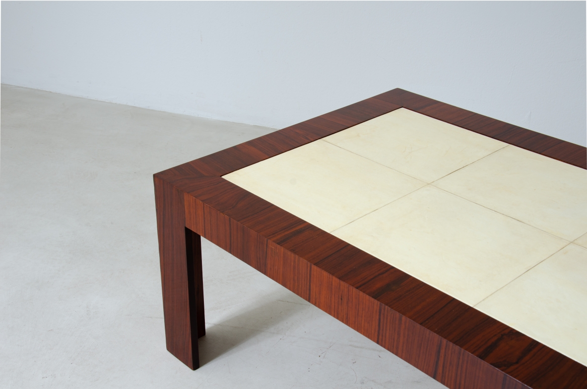 Very elegant Art Deco low table in rosewood with goat skin top.  France 1930's.