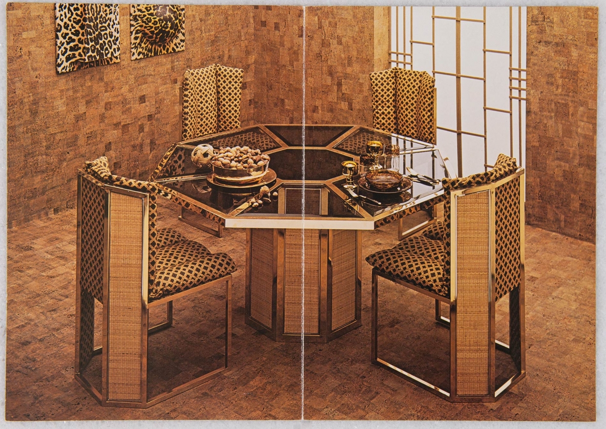 Romeo Rega. Octagonal table in brass, glass and straw. Manufacture Sabot, Italy, 1970's