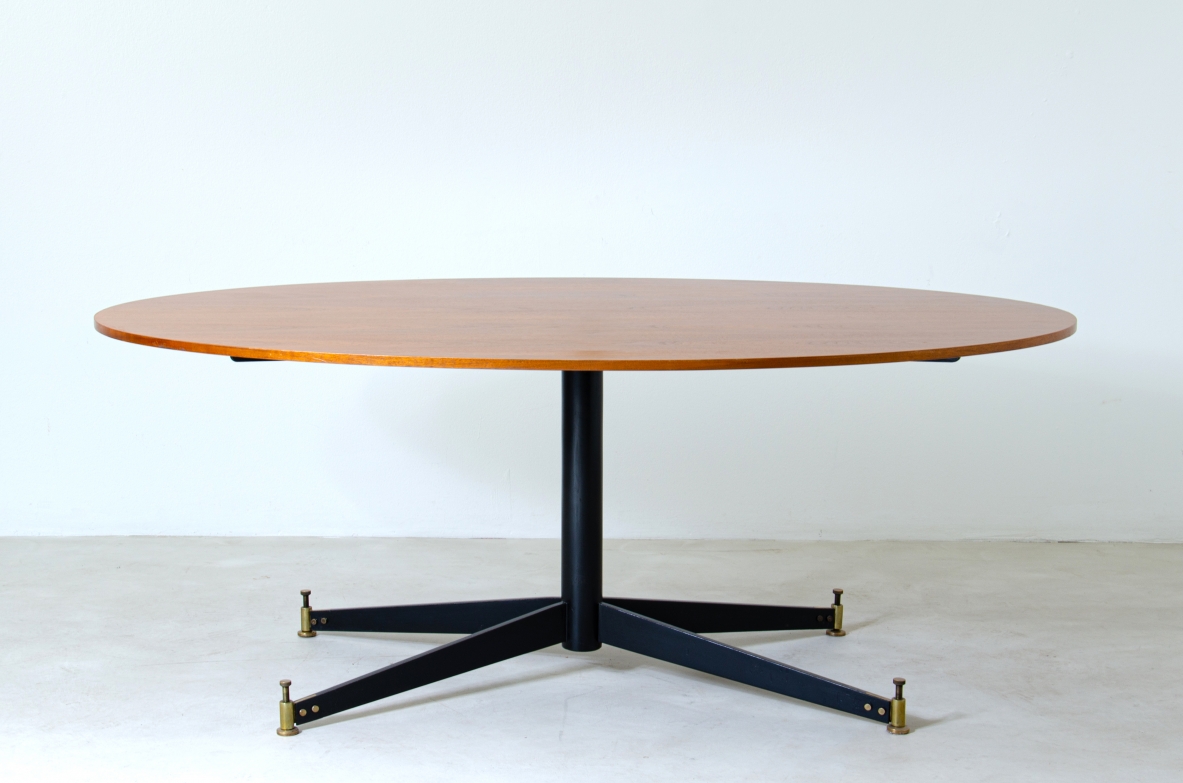 Ignazio Gradella, table mod.T2. Top in wood, structure in enamelled metal and brass detail