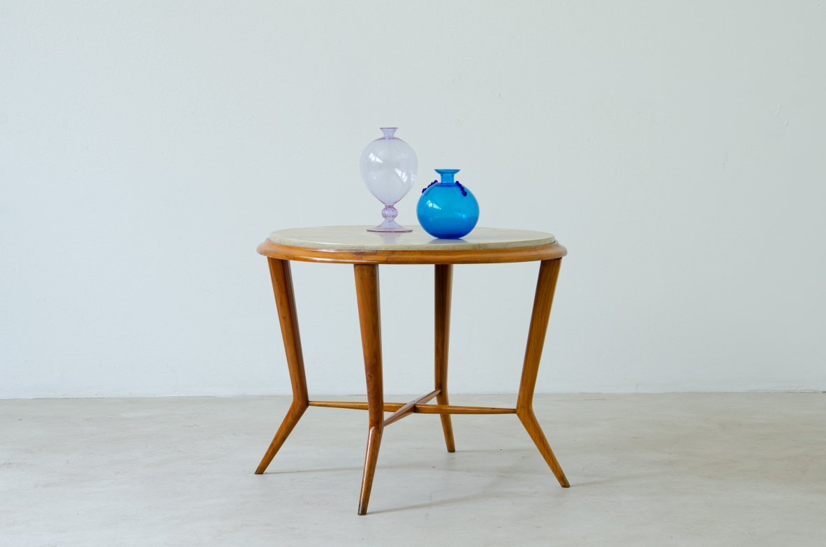 Wooden coffee table with parchment top. Italian manufacture, 1950s