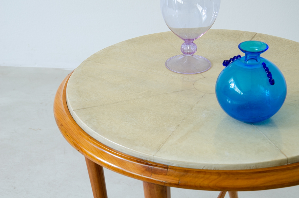 Wooden coffee table with parchment top. Italian manufacture, 1950s