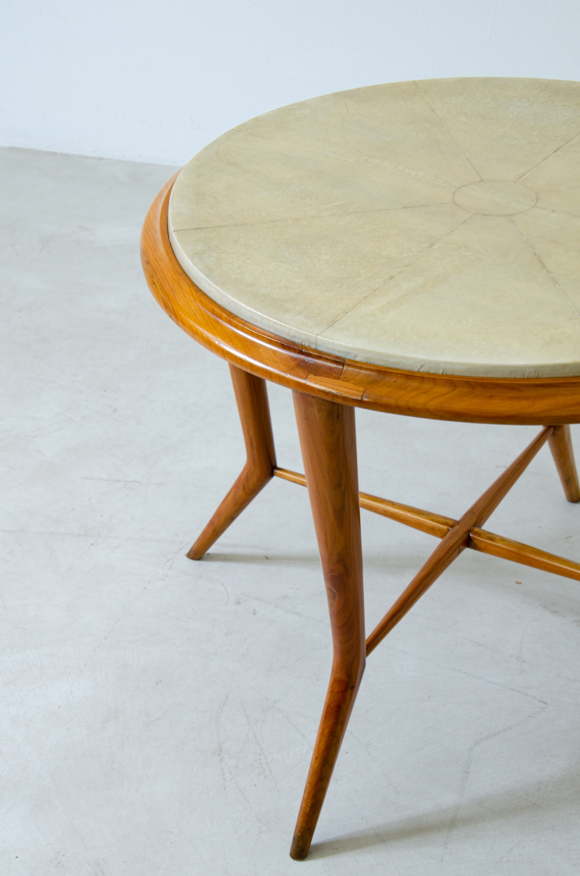 Wooden coffee table with parchment top. Italian manufacture, 1950s