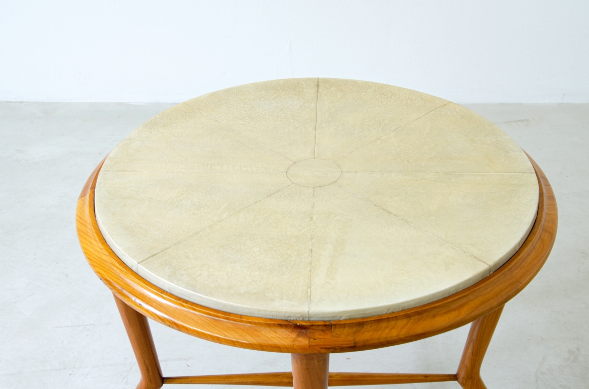 Wooden coffee table with parchment top. Italian manufacture, 1950s