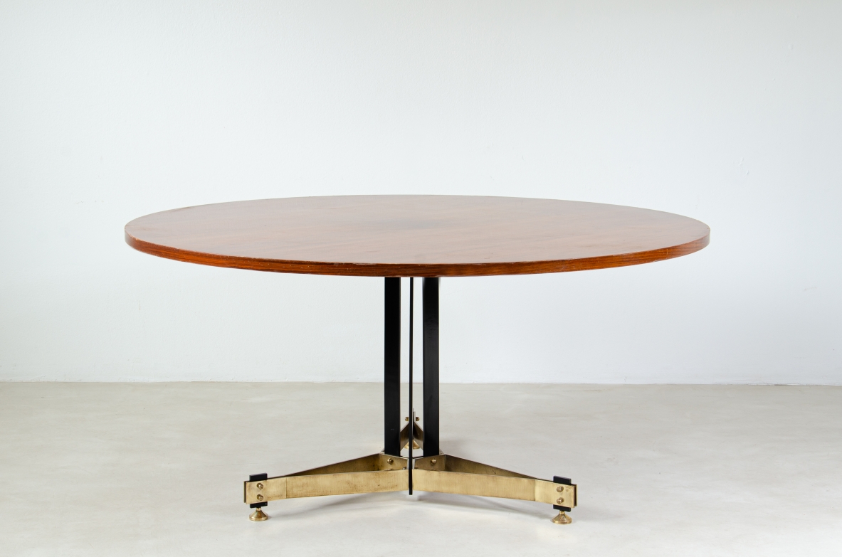 Unique large dining table with metal and brass base and veneered wooden top. Italian manufacture, 1950s.
