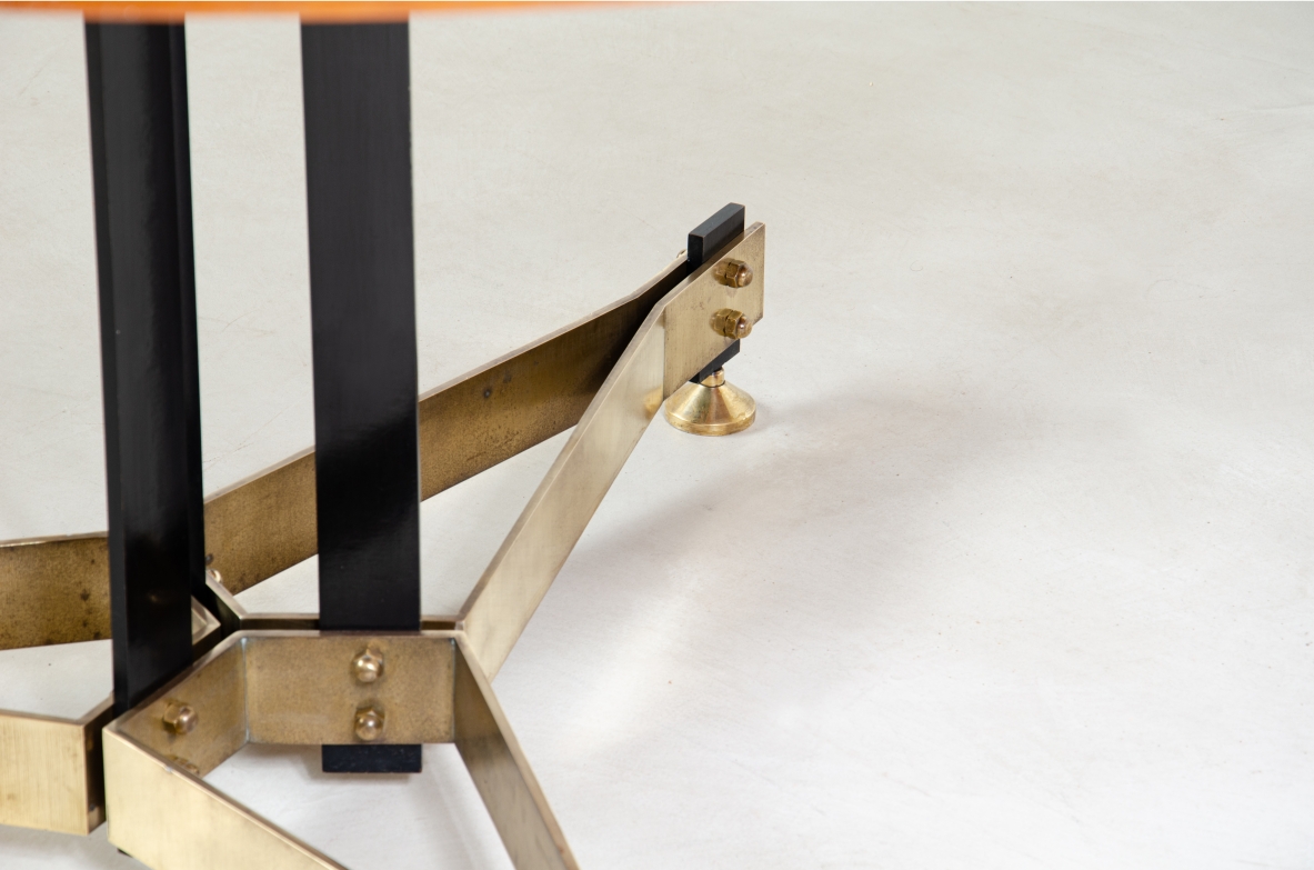 Unique large dining table with metal and brass base and veneered wooden top. Italian manufacture, 1950s.