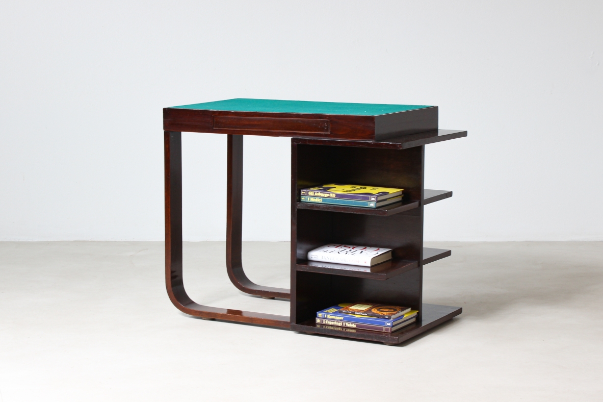 Small writing desk in curved wood and cloth top. Italian manufacture, 1940's
