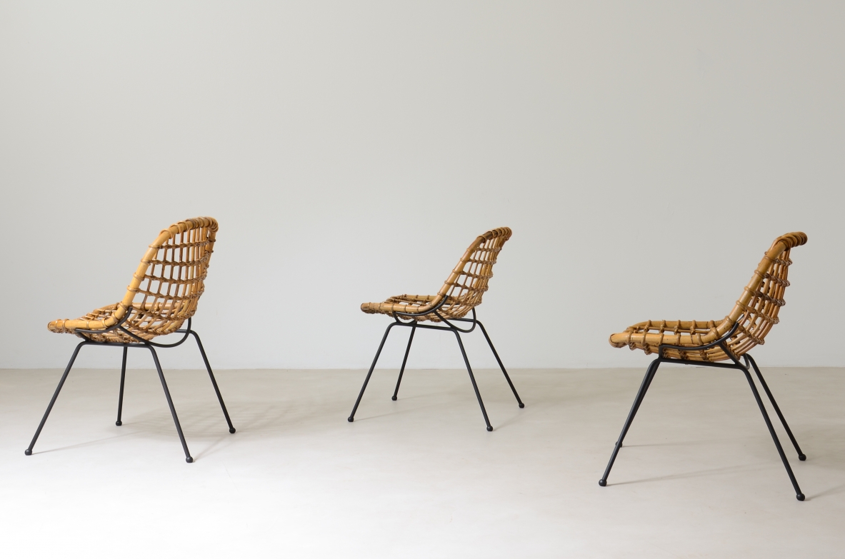 Gian Franco Legler. Set di otto sedie in rattan curvato e tondino di ferro, 1960ca