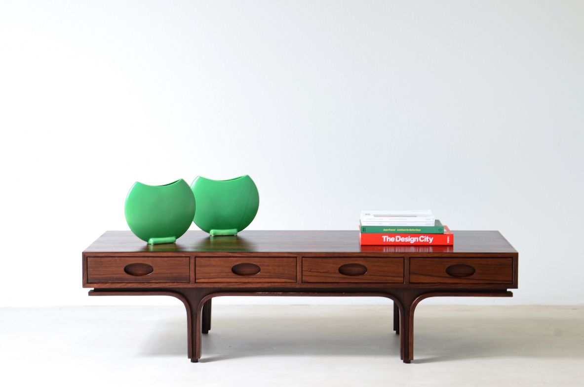Gianfranco Frattini (1926-2004)  Rare low center table with 4 drawers and two uprights.  Bernini manufacture 1957.