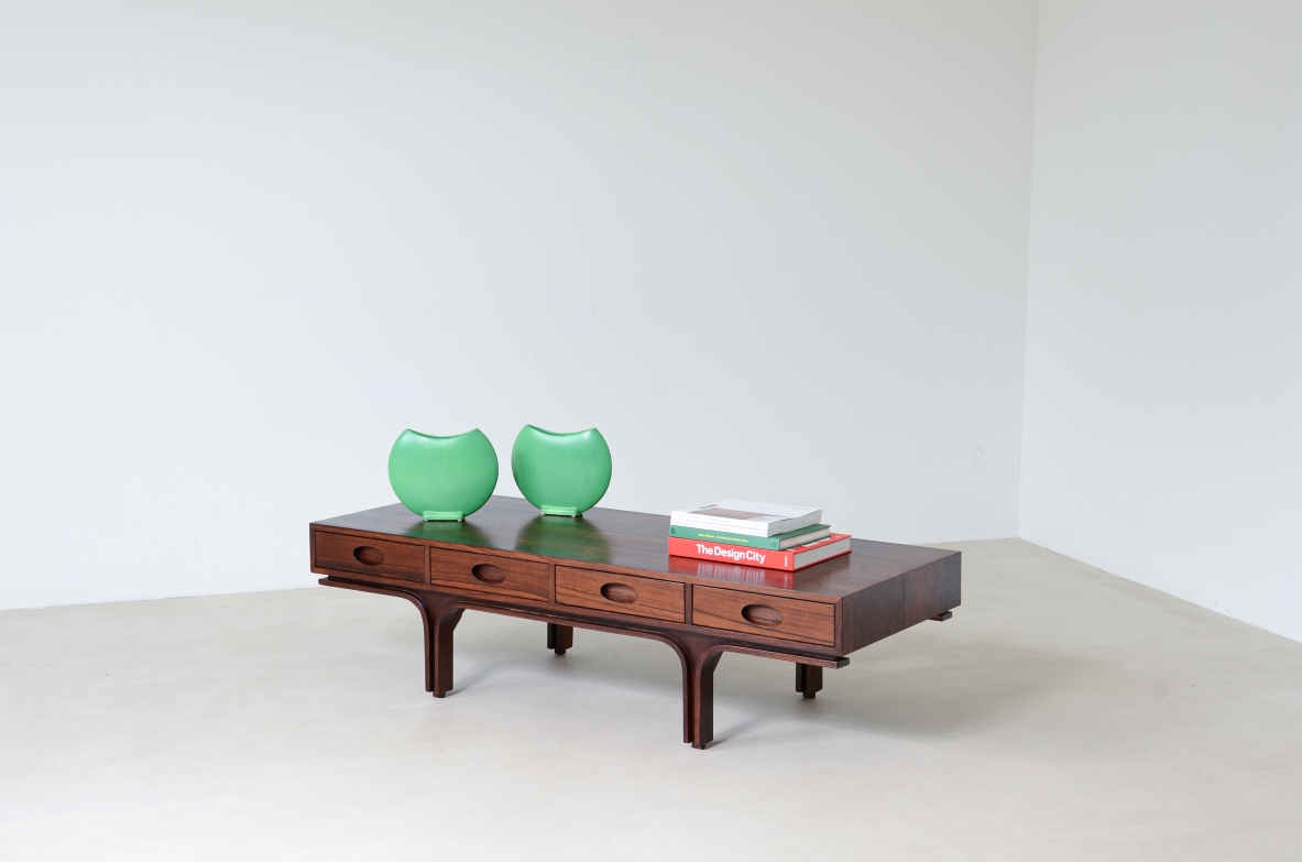 Gianfranco Frattini (1926-2004)  Rare low center table with 4 drawers and two uprights.  Bernini manufacture 1957.