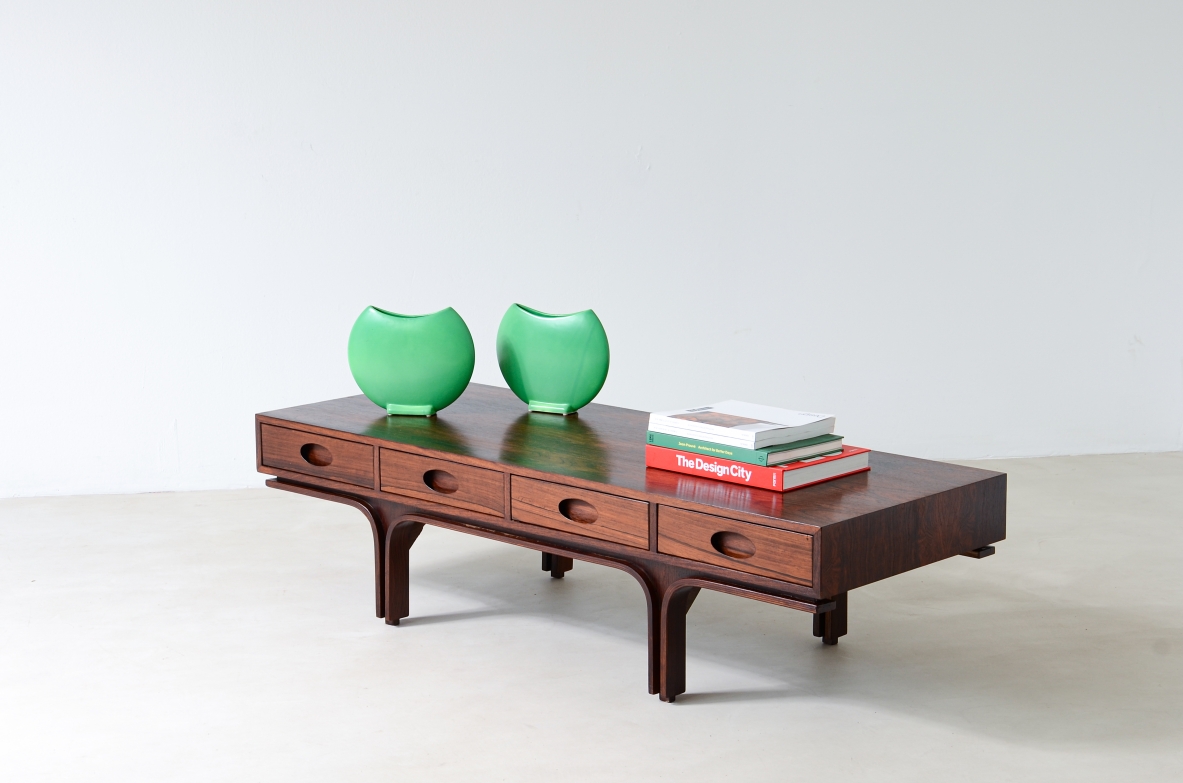 Gianfranco Frattini (1926-2004)  Rare low center table with 4 drawers and two uprights.  Bernini manufacture 1957.