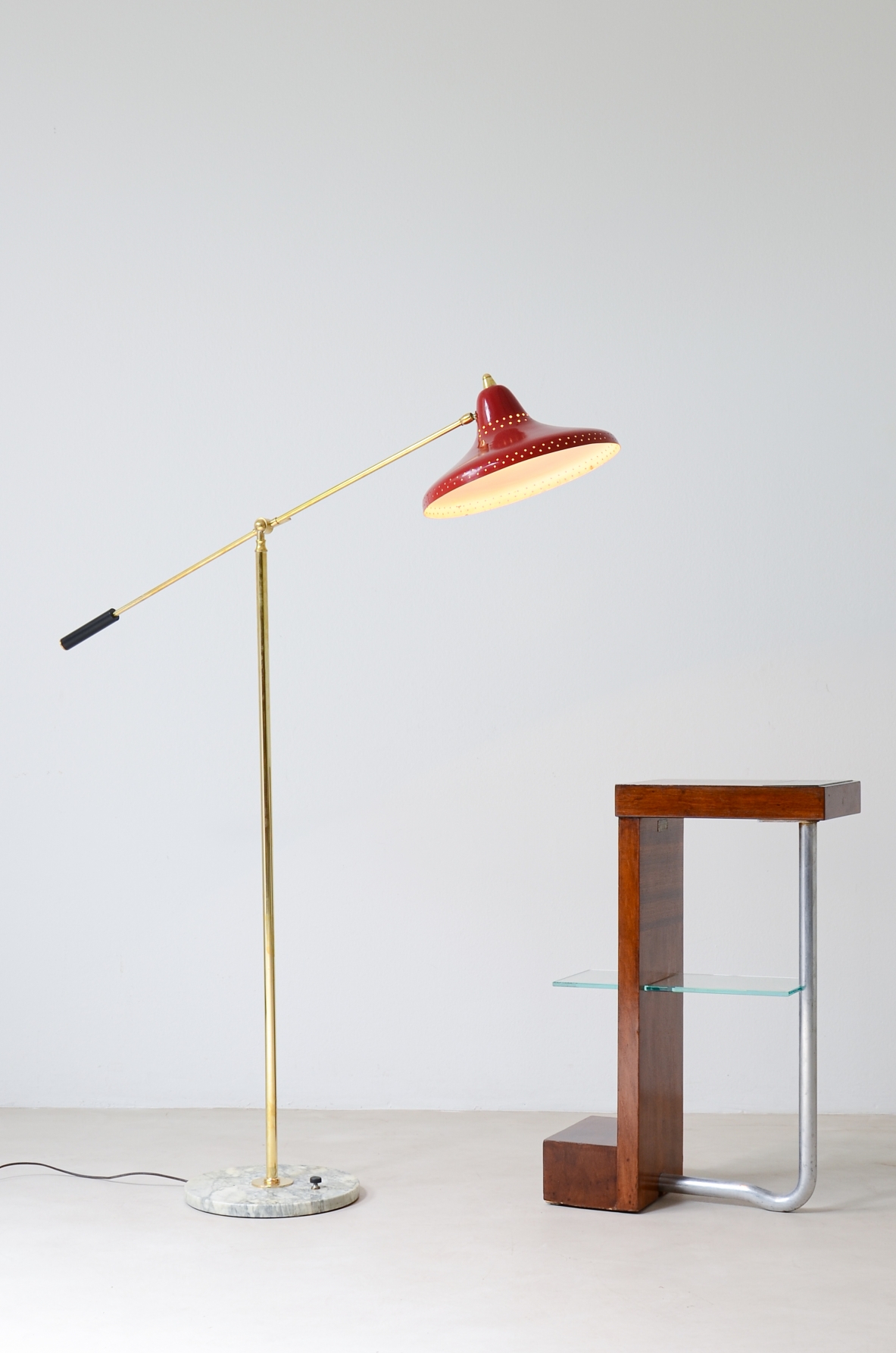 Armando Melis de Villa  Side table in polished wood with curved metal leg.  Designed for the Royal insurance company of Turin.  Italian manufacture, 1930's.
