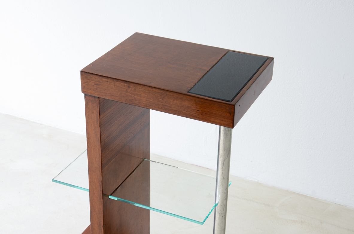 Armando Melis de Villa  Side table in polished wood with curved metal leg.  Designed for the Royal insurance company of Turin.  Italian manufacture, 1930's.