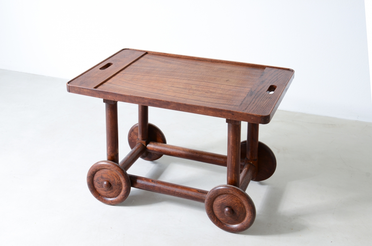 Unique trolley in oak with tray top and large wheels.   Turin school, 1940s manufacture.