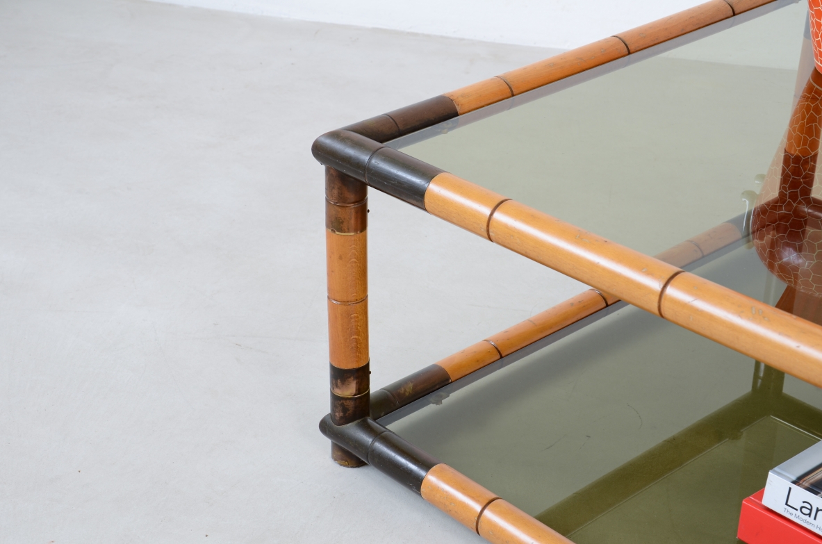 Living room table in imitation bamboo wood with turned and burnished brass corners. Two shades in ground smoked glass.  Italian 1970s manufacture.