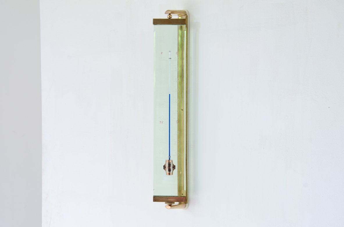 Fontana Arte Milano  Large Nile green ground glass thermometer with brass structure.  Manufactured in the 40s/50s.