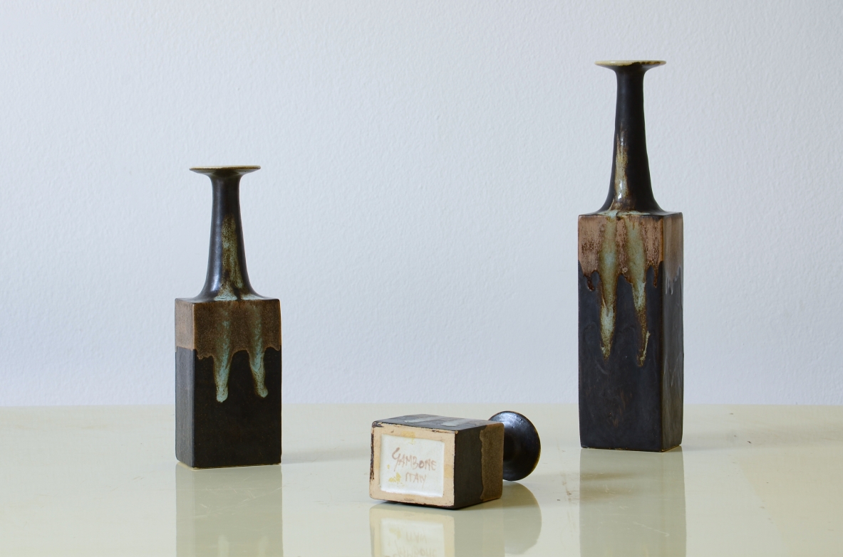 Bruno Gambone (Vietri sul mare 1936)  Set of ceramic bottle vases.  Vietri manufacture around 1970.