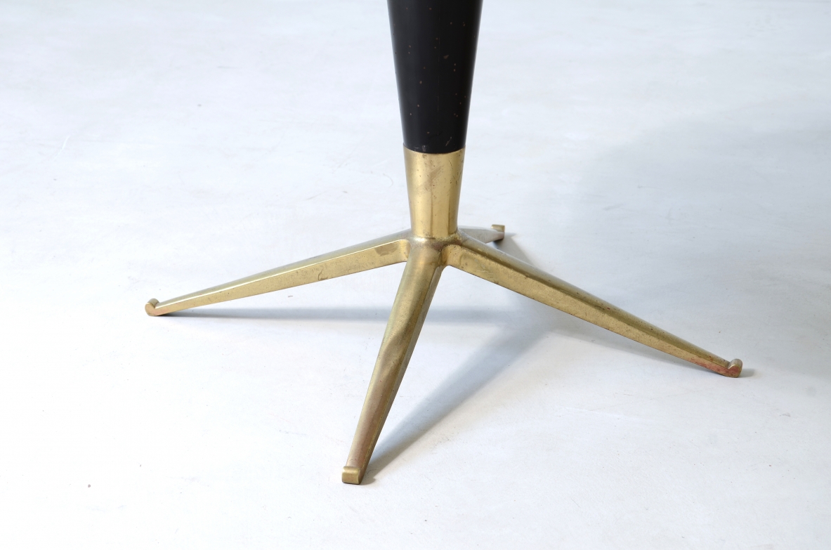 Melchiorre Bega (1898-1976)  Coffee table with four-star brass base, turned wood frame and marble top.  Manufacture Bega & C. Bologna, Italy 1950s.