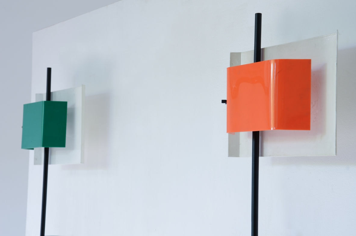 Stilnovo  Rare pair of large wall lights in metal and brass with colored perplex fans.  Stilnovo Manufacture Milan 1955 ca.
