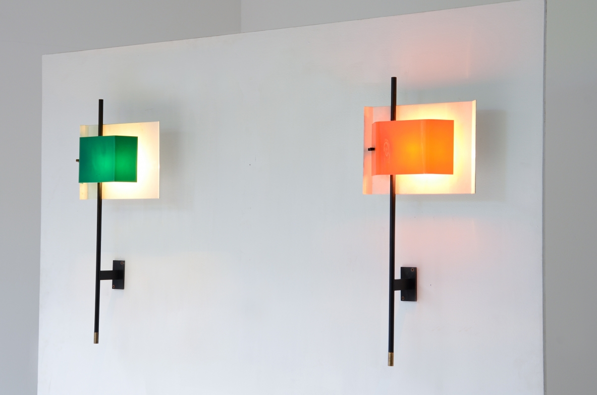 Stilnovo  Rare pair of large wall lights in metal and brass with colored perplex fans.  Stilnovo Manufacture Milan 1955 ca.