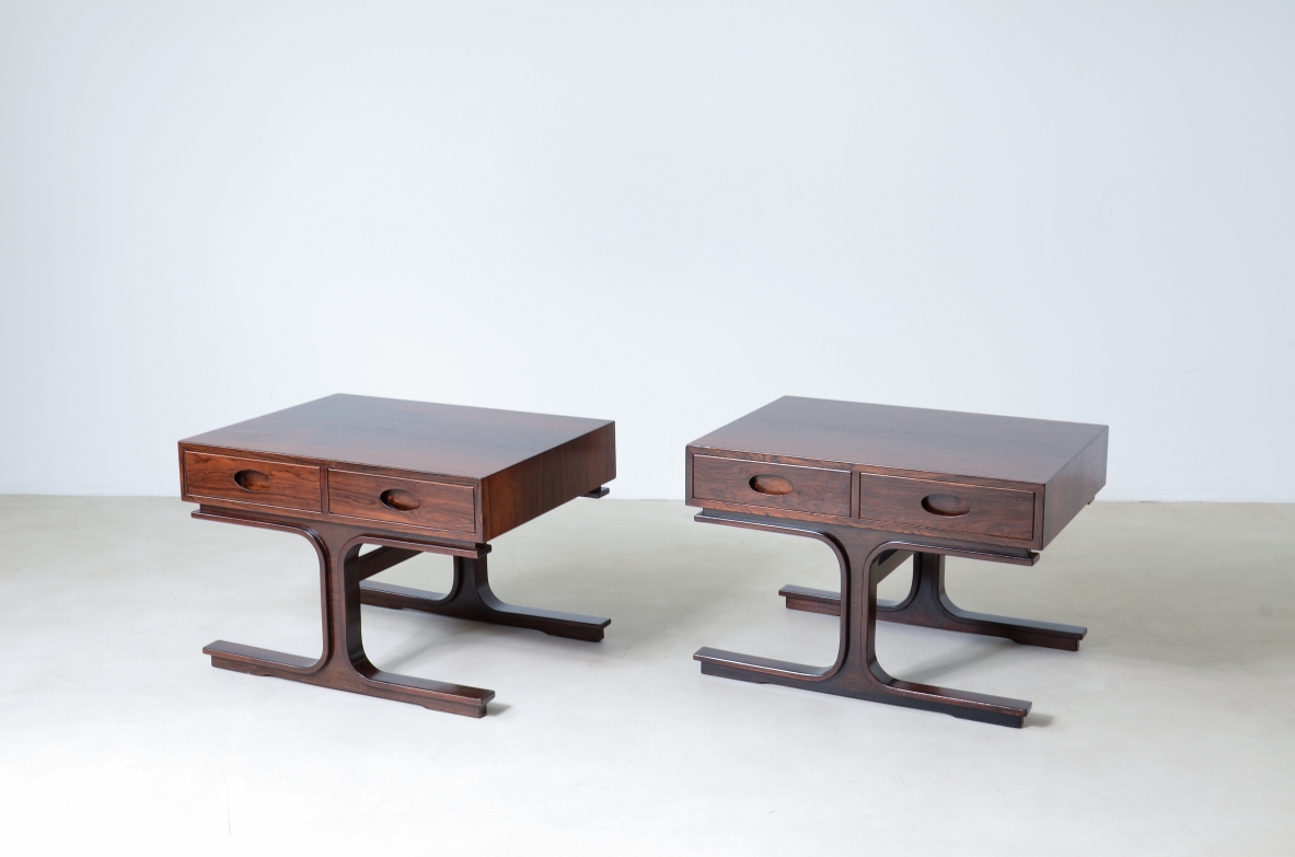 Gianfranco Frattini (1926-2004) Pair of coffee tables with 2 drawers and two uprights.  Bernini manufacture, Italy 1957.