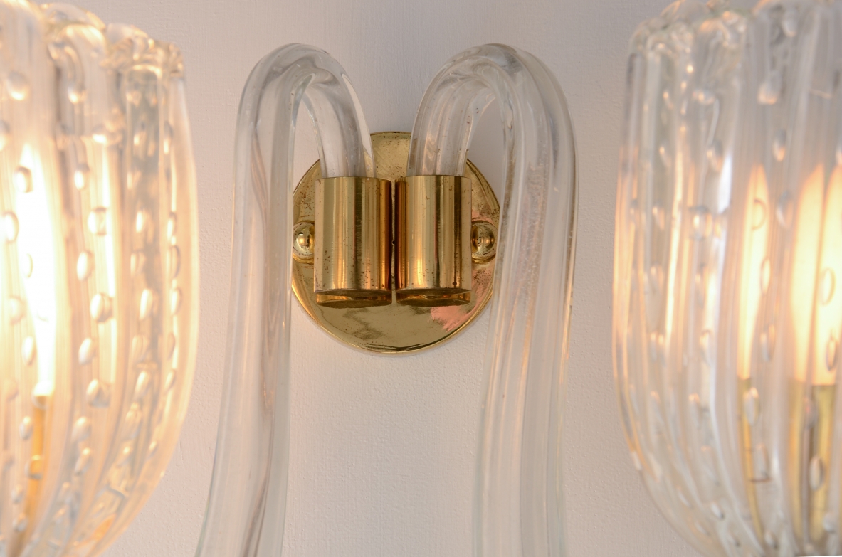 Barovier & Toso  Pair of rare two-armed blown glass.  Murano 1940s manufacture.