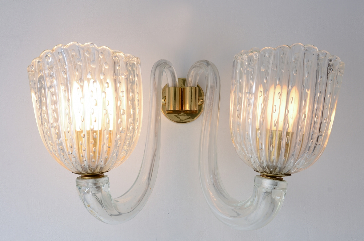 Barovier & Toso  Pair of rare two-armed blown glass.  Murano 1940s manufacture.
