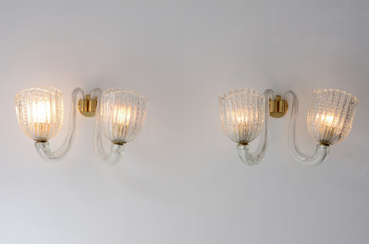Barovier & Toso  Pair of rare two-armed blown glass.  Murano 1940s manufacture.