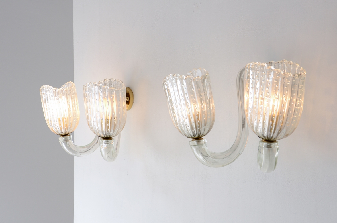 Barovier & Toso  Pair of rare two-armed blown glass.  Murano 1940s manufacture.