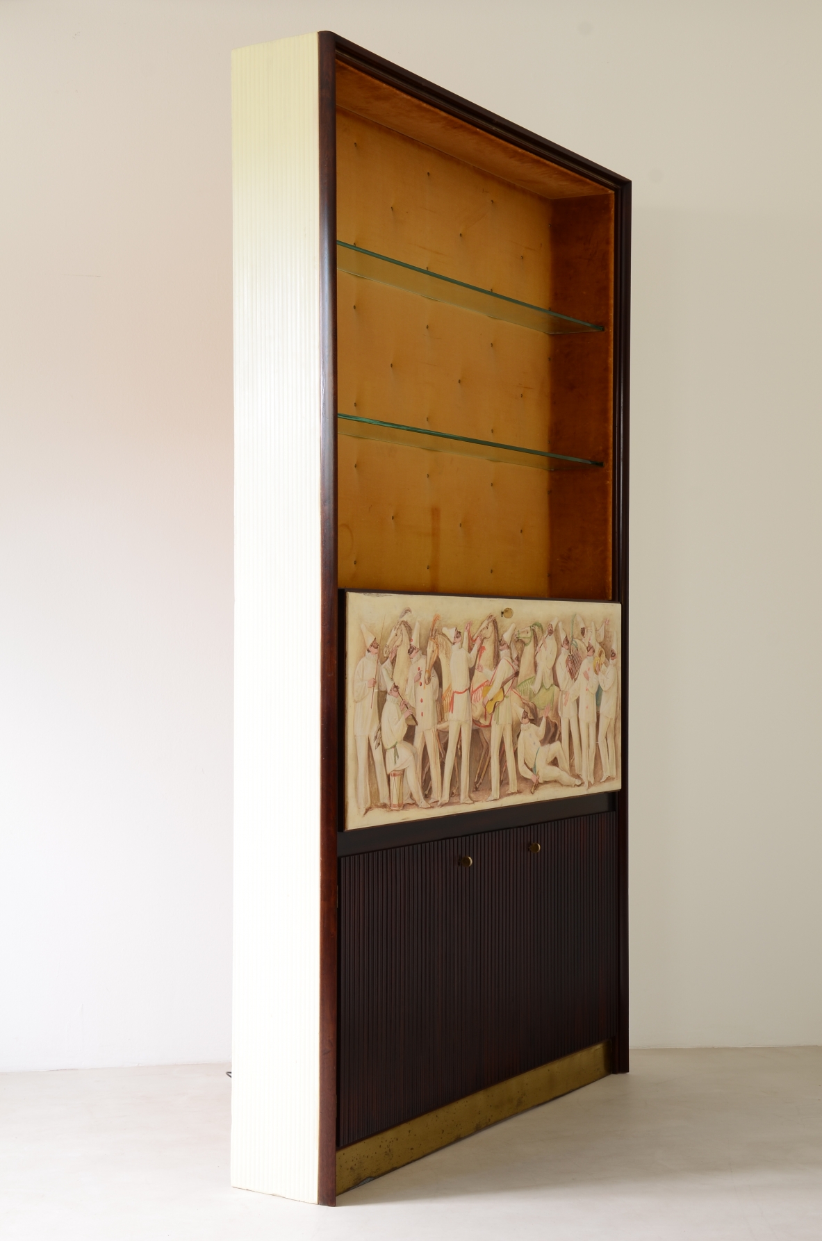 ABV Borsani  Large storage cabinet / bar / bookcase with central door painted on parchment ,two doors in grissinato wood, illuminated bar container