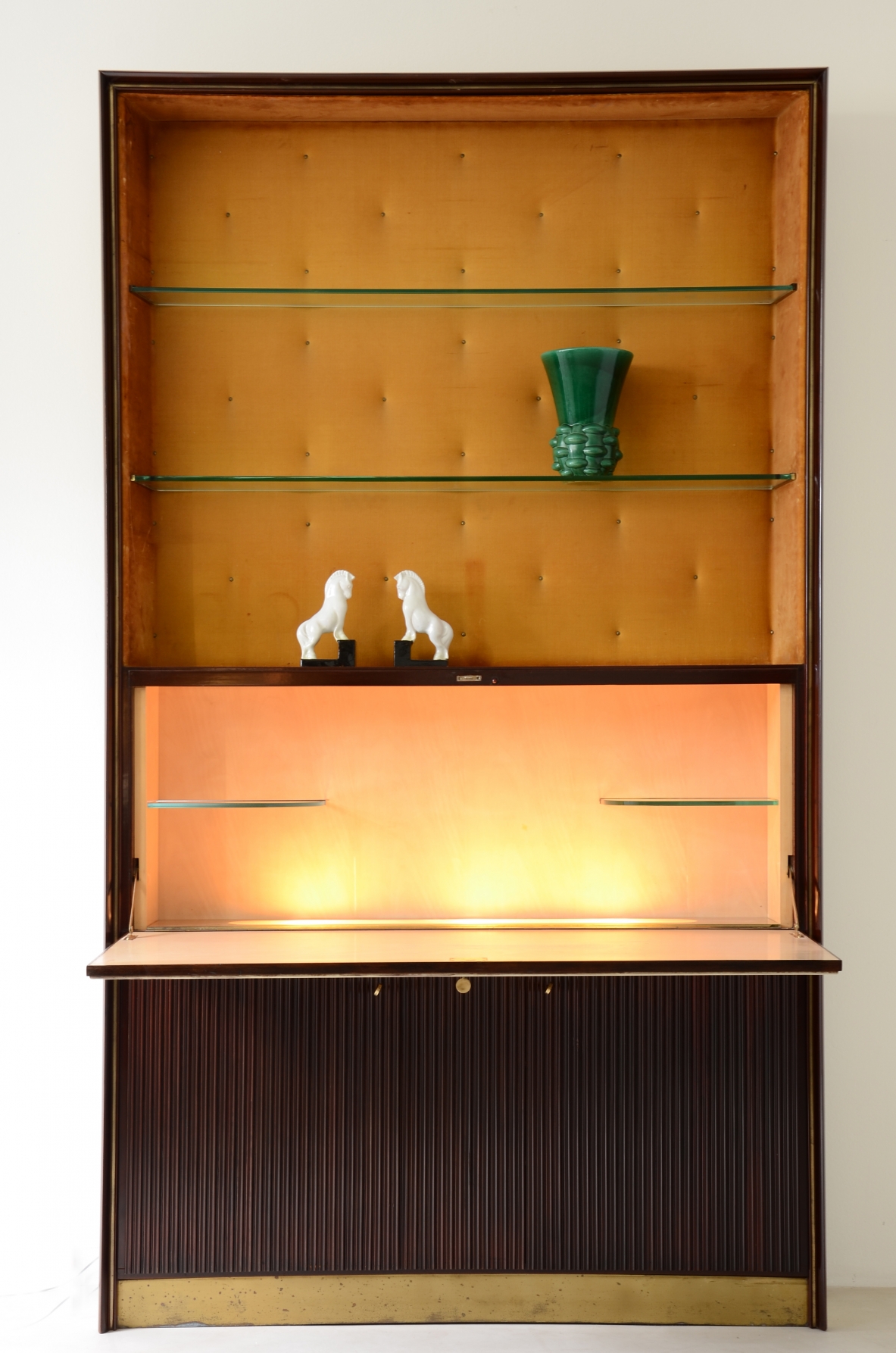 ABV Borsani  Large storage cabinet / bar / bookcase with central door painted on parchment ,two doors in grissinato wood, illuminated bar container